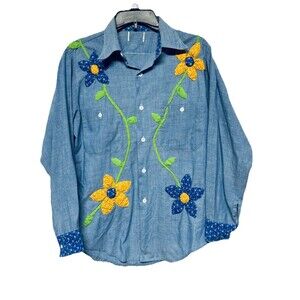 VTG 1970's Chambray Button Up Shirt Puffed Quilted Flowers Stems & Leaves M ?